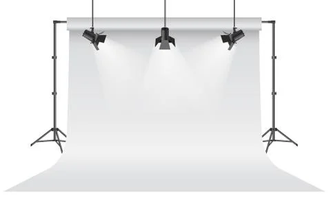 Empty photo studio. Realistic 3D white backdrop paper with tripod mock up design Stock Illustration