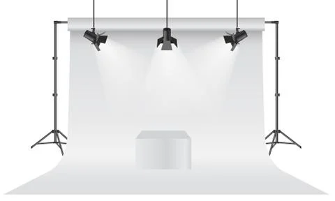 Empty photo studio. Realistic 3D white backdrop paper with tripod mock up design Stock Illustration