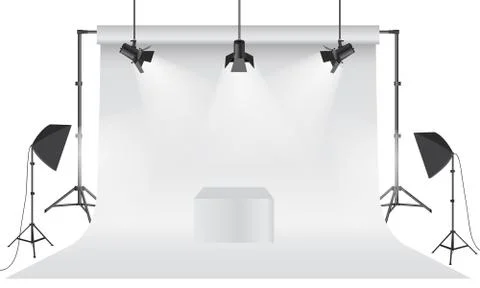 Empty photo studio. Realistic 3D white backdrop paper with tripod mock up design Stock Illustration