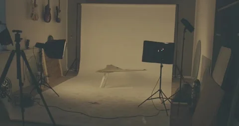 Empty Photography Studio with Softbox Lights and White Backdrop, Slow Pan Shot Stock Footage 340307053