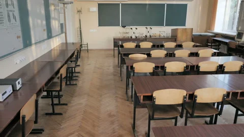 Empty Physical Classroom, Chemical Laboratory With Models Molecular Structures  Stock Footage 138157493