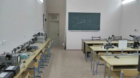 Empty Physical Laboratory At College, University. Background Stock Footage 145680867