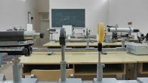 Empty Physics School Classroom. Retro Equipment In Laboratory Of Optics. Stock Footage 145680752