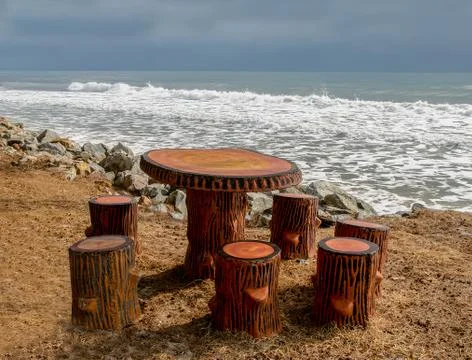 Empty picnic table on beach Stock Photos