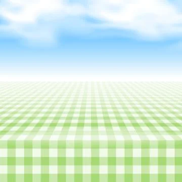 Empty picnic table, covered checkered tablecloth. Stock Illustration