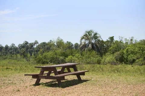 Empty picnic table, resting place in El Palmar National Park, Argentina. Stock Photos