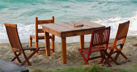 Empty picnic table on tropical beach. Stock Footage 239484727