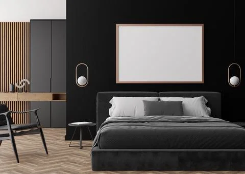 Empty picture frame on black wall in modern bedroom. Mock up interior in cont Stock Photos
