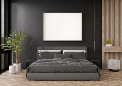 Empty picture frame on black wall in modern bedroom. Mock up interior in cont Stock-Fotos