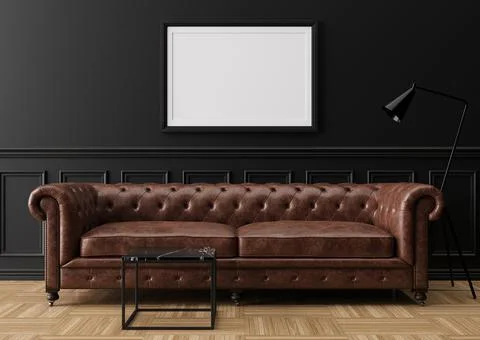 Empty picture frame on black wall in modern living room. Mock up interior in  Stock Photos