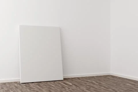 Empty picture frame canvas leaning against white wall in bright room with woo Stockillustratie