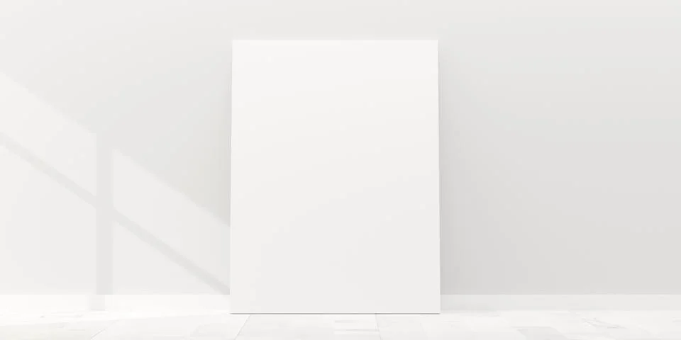 Empty picture frame canvas mock-up leaning against white wall in room with wh Stockillustratie