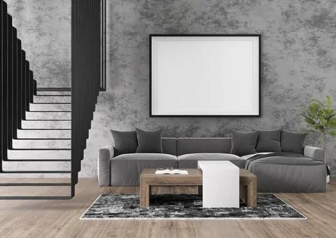Empty picture frame on concrete wall in modern living room. Mock up interior  Stock Photos