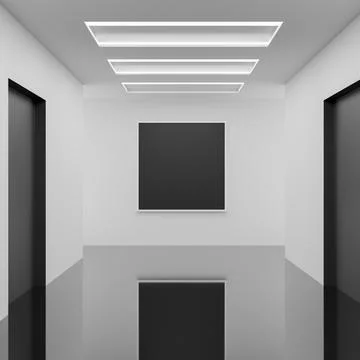 An empty picture frame for an exhibit is mounted on a white wall in a hallw.. Stock Illustration