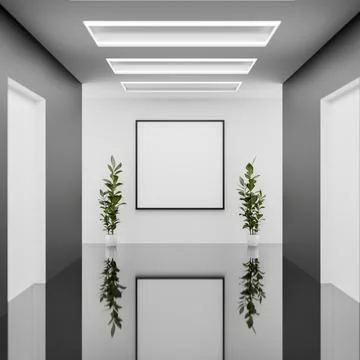 An empty picture frame for an exhibit is mounted on a white wall in a hallw.. Stock Illustration
