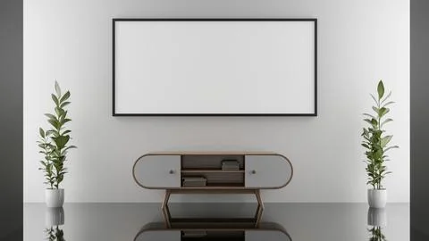 Empty picture frame for an exhibit is mounted on a white wall in a hallway .. Ilustración de archivo
