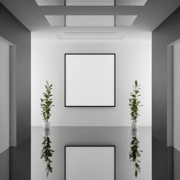 An empty picture frame for an exhibit is mounted on a white wall in a hallw.. Ilustración de archivo