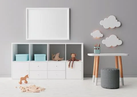 Empty picture frame on gray wall in modern child room. Mock up interior in sc Stock Photos