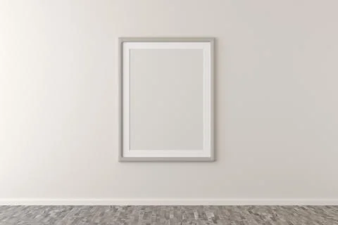 Empty picture frame hanging on white wall in bright room with wooden floor wi Stock Illustration