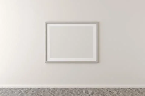 Empty picture frame hanging on white wall in bright room with wooden floor wi Stock Illustration