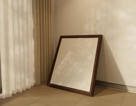 Empty picture frame leans against a wall, sunlight streams through sheer cu.. Stock Illustration
