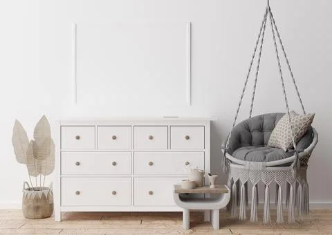 Empty picture frame on white wall in modern living room. Mock up interior in  Stock Photos