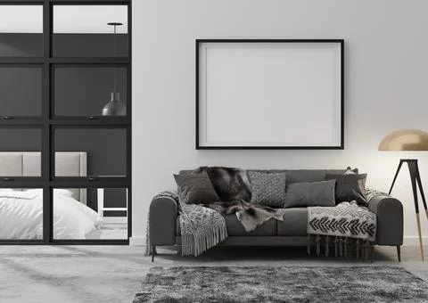 Empty picture frame on white wall in modern living room. Mock up interior in  Stock Photos
