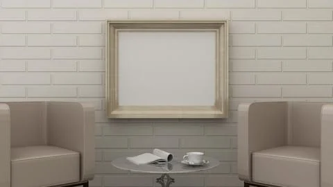 Empty picture frames in classic interior background on the brick wall with .. Foto stock