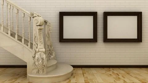 Empty picture frames in classic interior background with stairs on the deco.. Foto stock