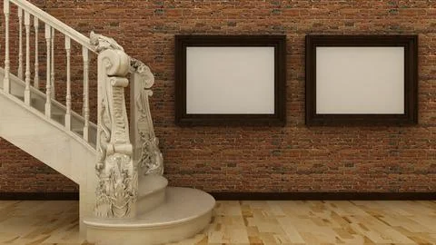 Empty picture frames in classic interior background with stairs on the deco.. 스톡 사진