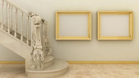 Empty picture frames in classic interior background with stairs on the deco.. Foto stock