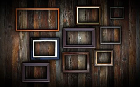 Empty picture frames on dark wooden wall, backdrop for your design or message Illustrazione stock