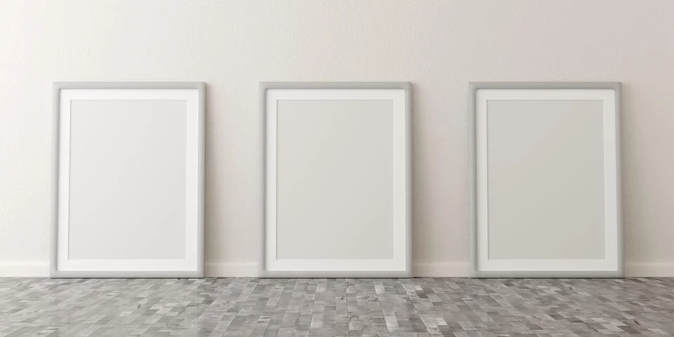 Empty picture frames leaning against white wall in bright room with wooden fl Illustration