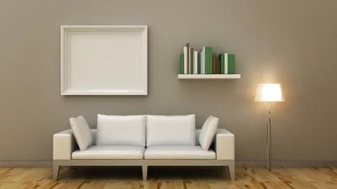 Empty picture frames in modern home interior . Copy space image. 3d render Stock Photos