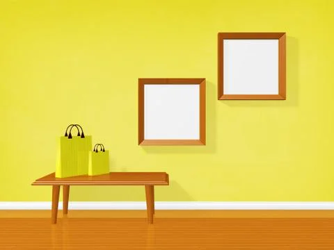 Empty picture frames on wall and shopping bags Stock Illustration
