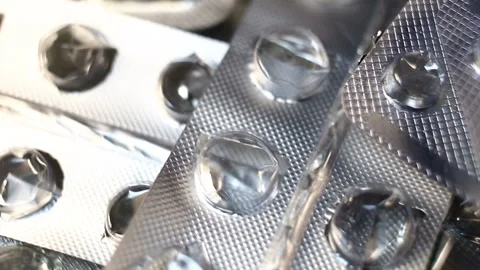 Empty pill packs close-up, real time, smooth camera movement Stock Footage 145586868