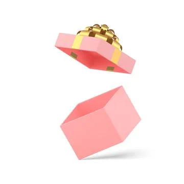 Empty pink squared gift box with open cap and golden bow ribbon 3d icon reali 스톡 일러스트