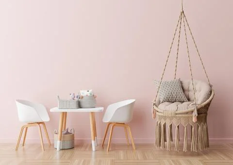 Empty pink wall in modern child room. Mock up interior in scandinavian, boho  Stock Photos