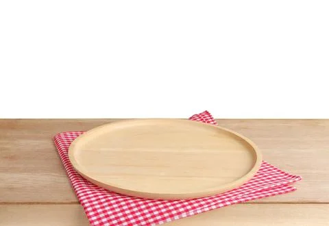 Empty pizza board on table with red checkered napkin  Stock Photos