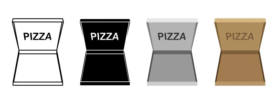 Empty pizza box icon set. Open cardboard box vector illustration. Pizza del.. Stock Illustration