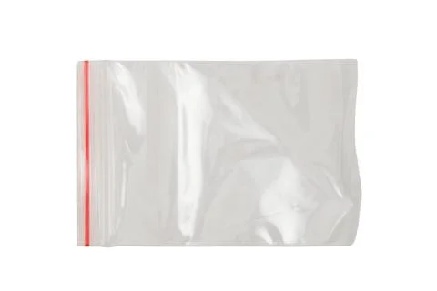 Empty plastic bag with red zipper seal. Transparent polyethylene packet for.. Stock Photos