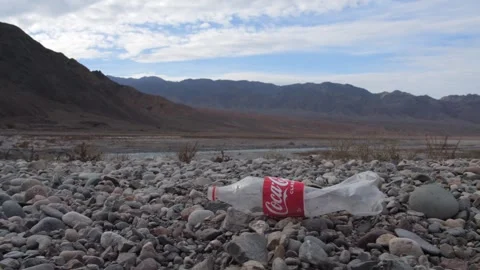 An empty plastic bottle of Coca-Cola lies in a wild mountain landscape Stock Footage 254613198