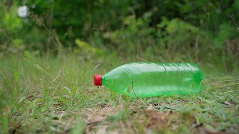 Empty plastic bottle laying in forest on the ground. Global pollution of nature Stock Footage 158120758