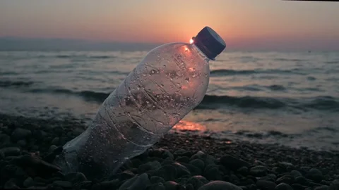 An empty plastic bottle lies on the beach, washed by the sea at sunset. Stock Footage 168372992