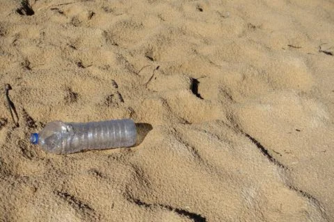 Empty plastic bottle lying on the beach Stock Photos