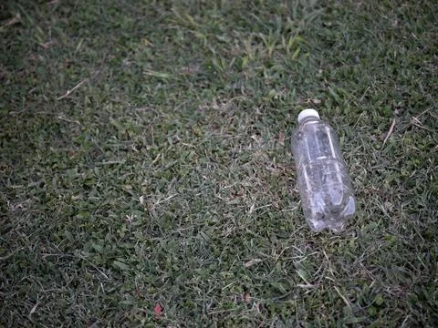 Empty plastic bottle lying on grass outdoors Stock Photos