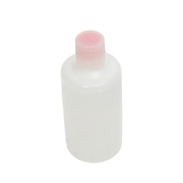 Empty plastic bottle with pink cap on white background. Transparent contain.. Stock Photos