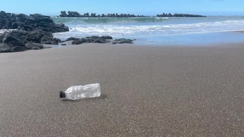 Empty plastic bottle on a sandy beach in summer Stock Footage 247897094
