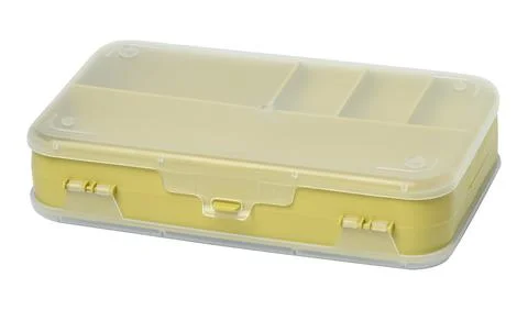 Empty plastic box for bolts, screws and other small items on a white backgrou Stock Photos