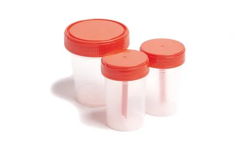 Empty plastic container for collection of analyses and biomaterials isolate.. Stock Photos